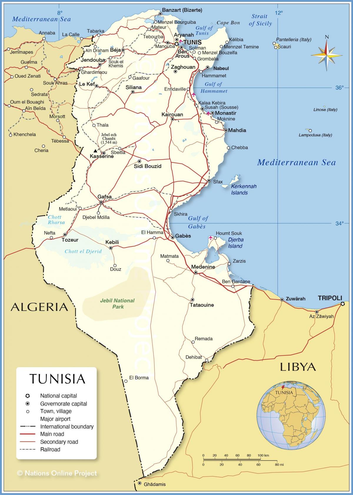 世界地図上のチュニジアの位置